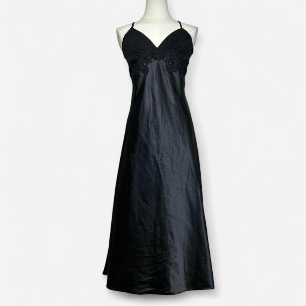 Vintage Black Satin Floral Lace Slip Dress Womens M Coquette Lingerie Romantic